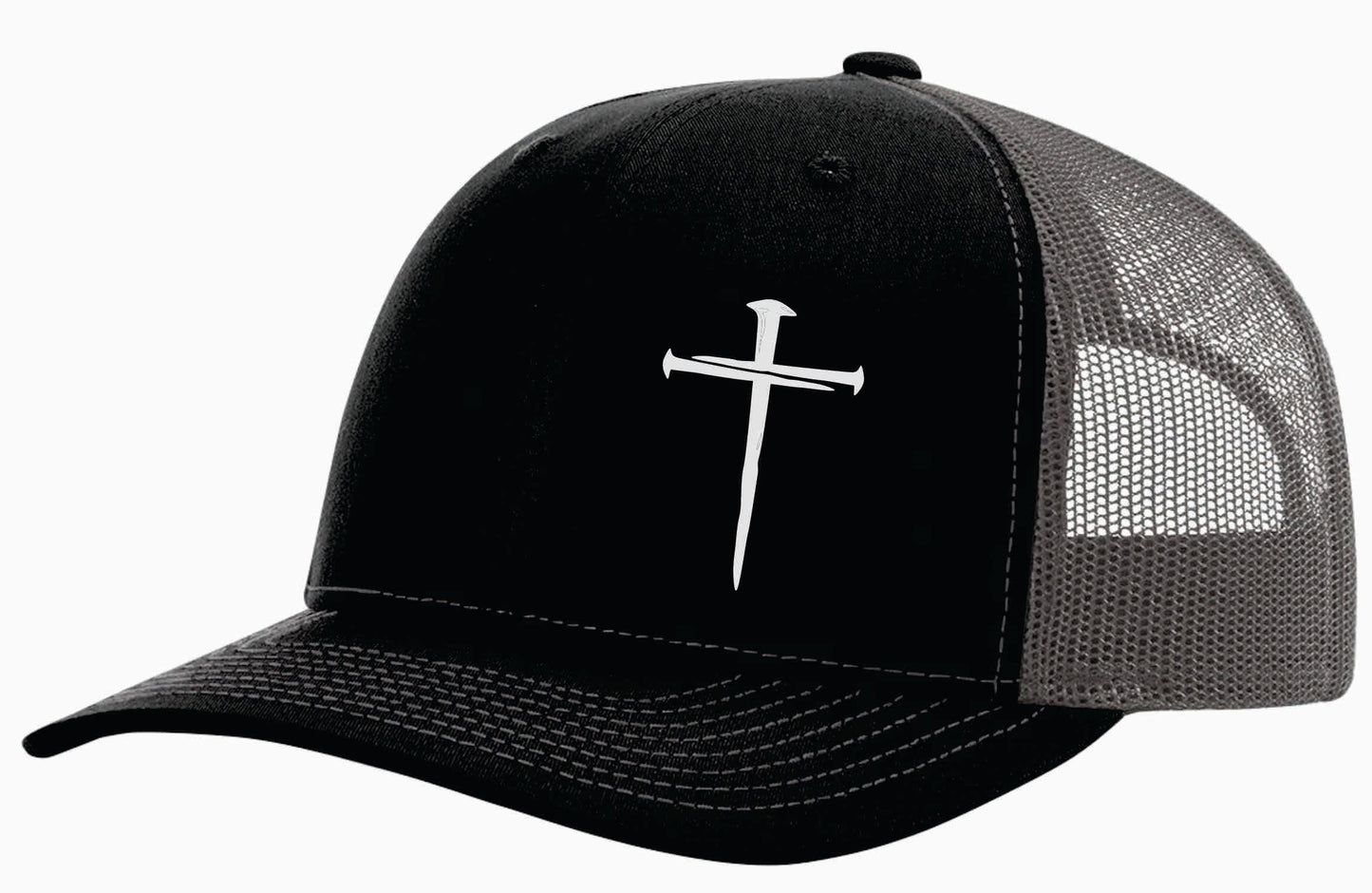 3 Nail Cross Hat Black Front with Charcoal Mesh Back