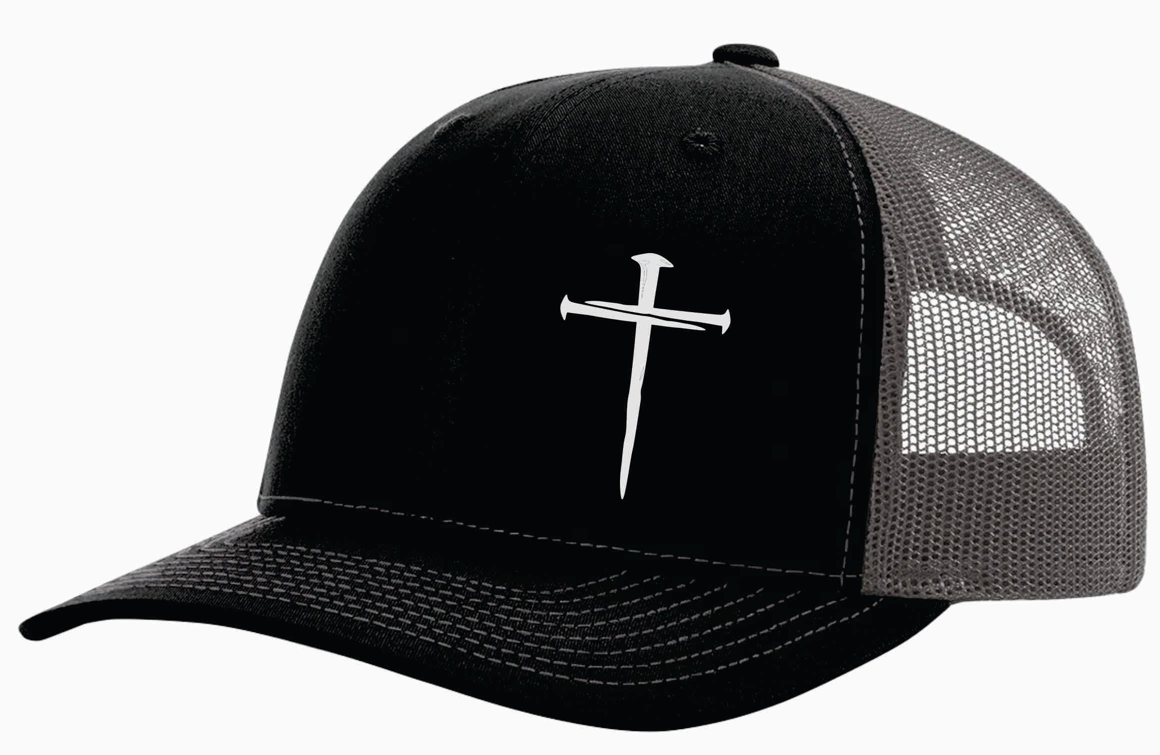 3 Nail Cross Hat Black Front with Charcoal Mesh Back