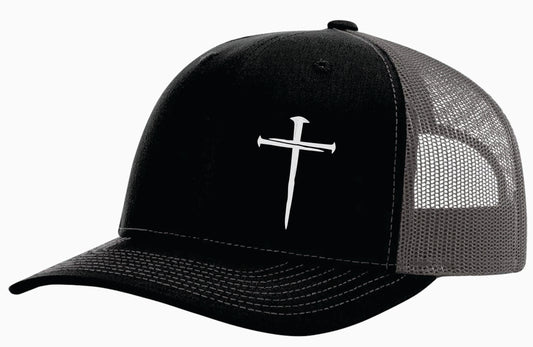 3 Nail Cross Hat Black Front with Charcoal Mesh Back